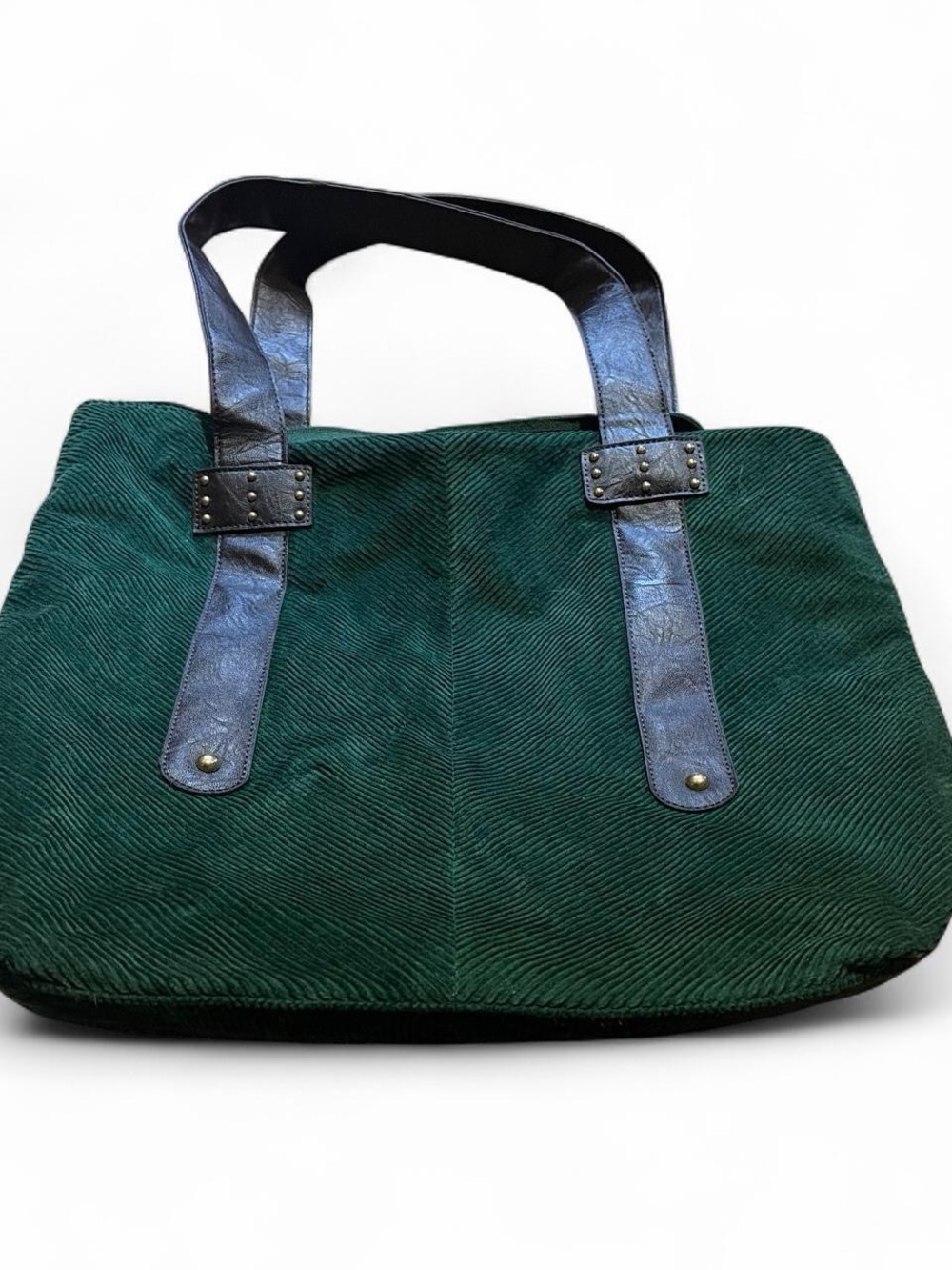 Green Corduroy Tote Bag with Black Leather Straps